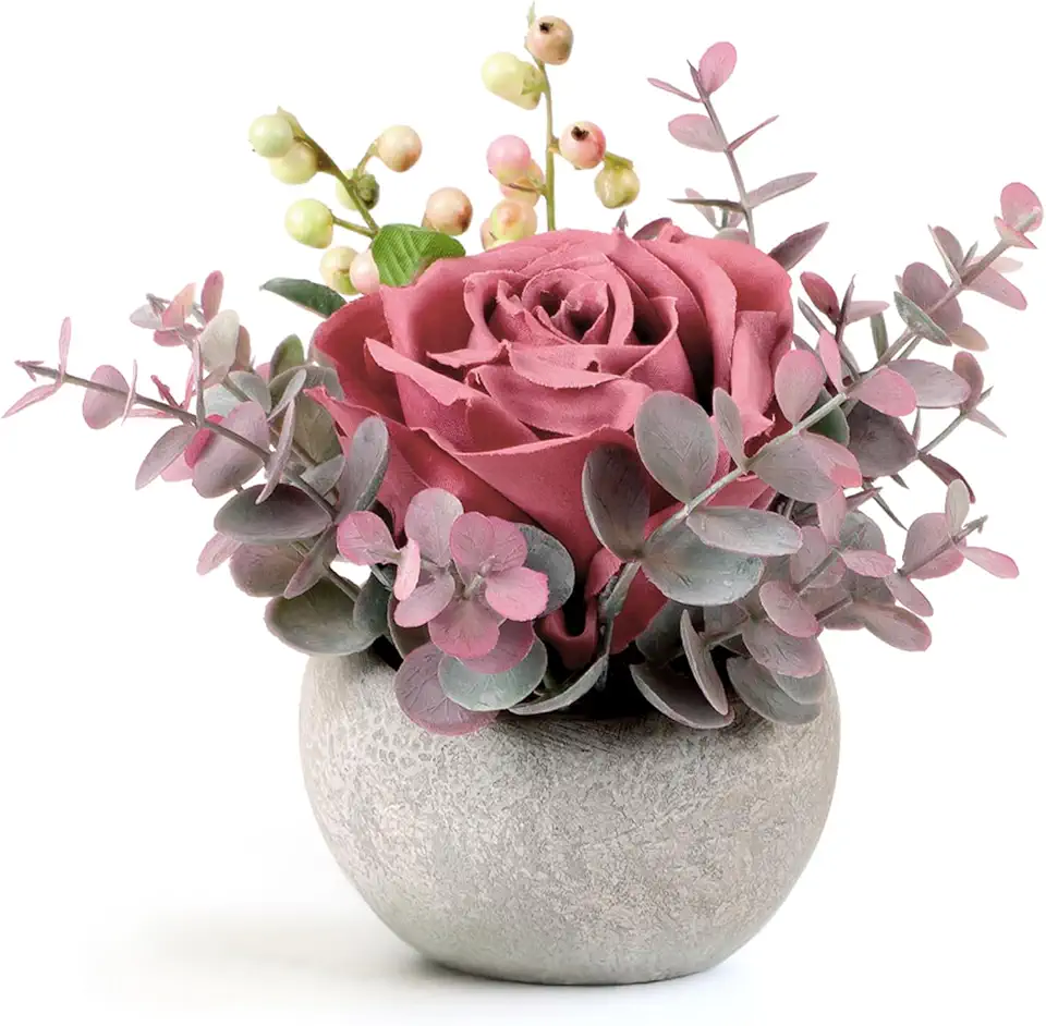 Faux Flowers in Pot, Pink Rose Artificial Flowers with Pot...