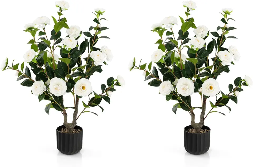 Goplus 38’’ Artificial Camellia Tree, 2 Pack Flower Plants...