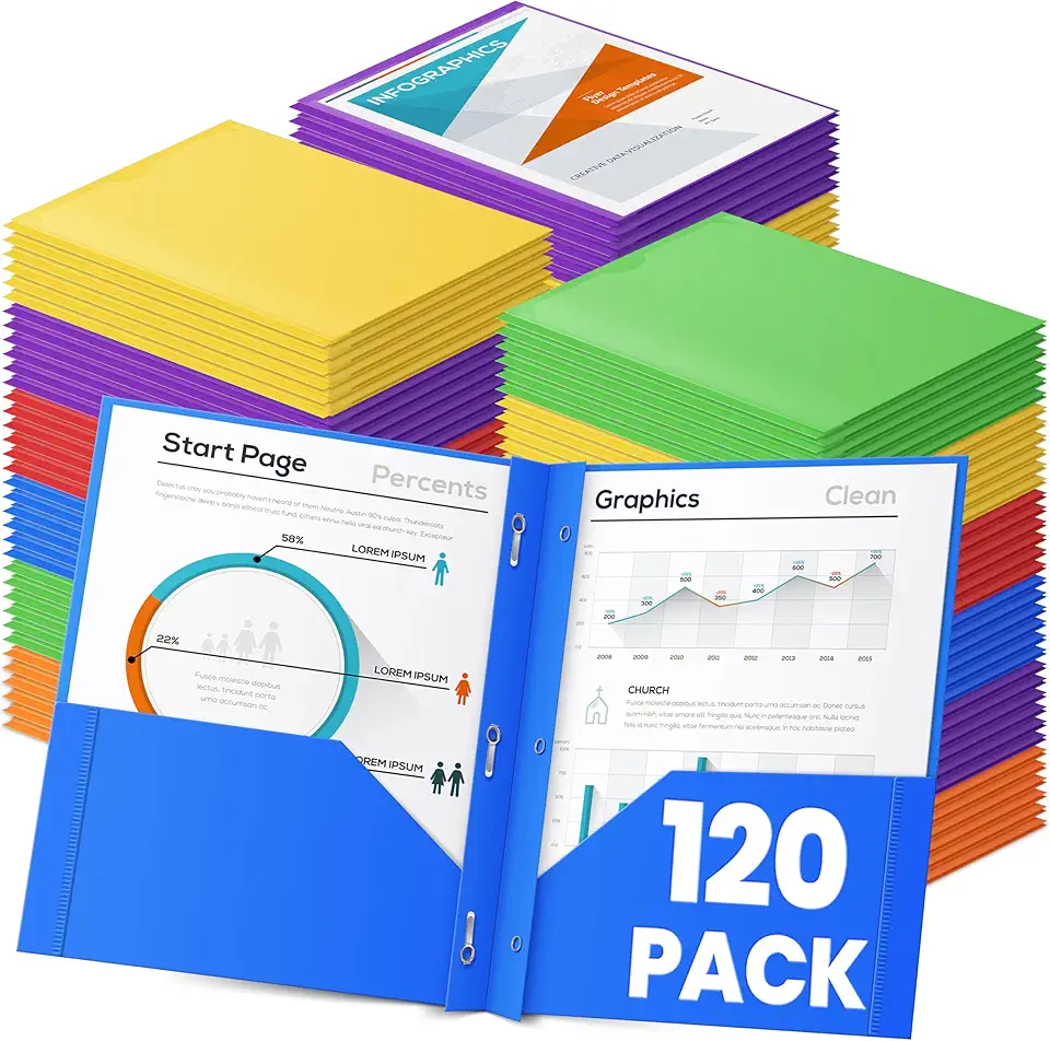 V-Opitos 120 Pack 2 Pocket Folders with 3 Prongs, Bulk...